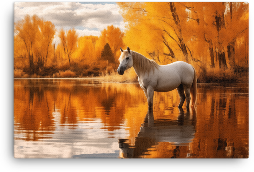 Autumn Reflection White Horse Canvas Wall Art