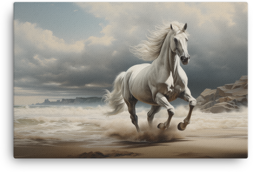 Coastal Gallop White Horse on the Beach Canvas Wall Art