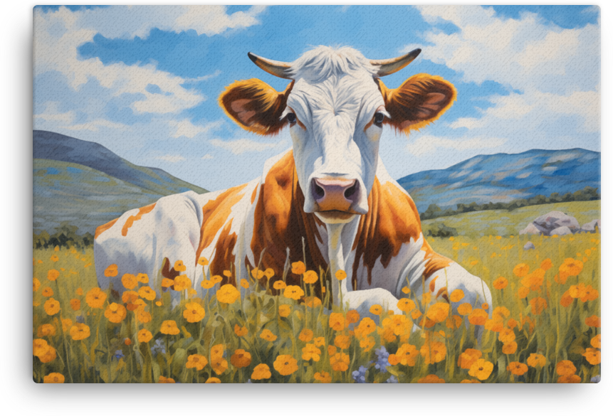 Golden Meadow Cow Canvas Wall Art