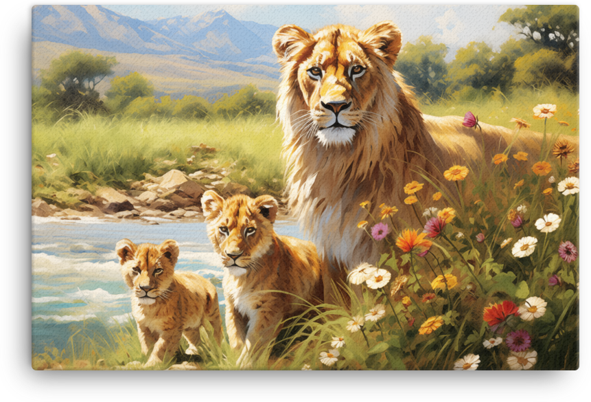 Lioness and Cubs Canvas Wall Art