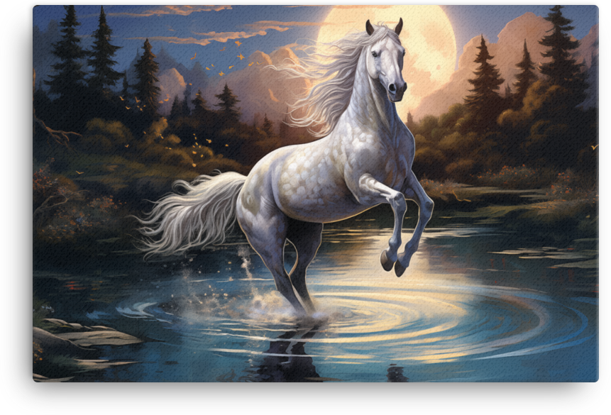 Moonlit Ripples White Horse Canvas Wall Art