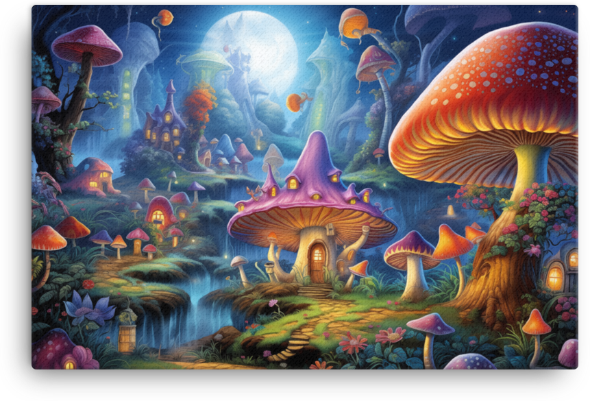 Sunrise Symphony over Magical Mushroom Hamlet Canvas