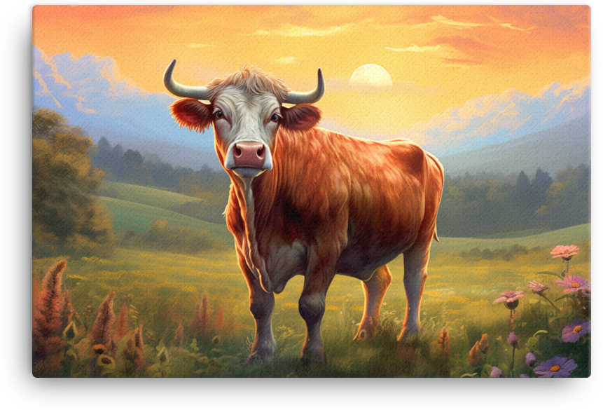 Sunset Meadow Cow Canvas Wall Art