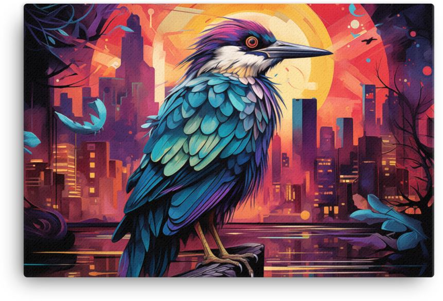 Sunset Silhouette Bird and Cityscape Canvas Wall Art