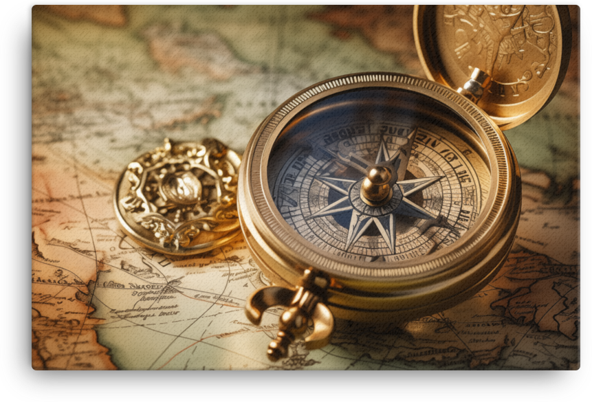 Vintage Navigational Compass on World Map Canvas