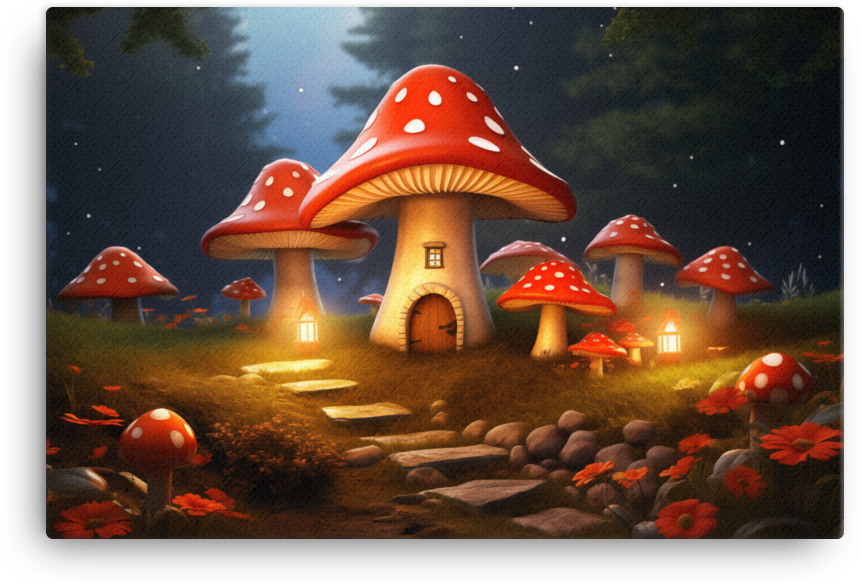 Whimsical Mushroom Cottage Canvas