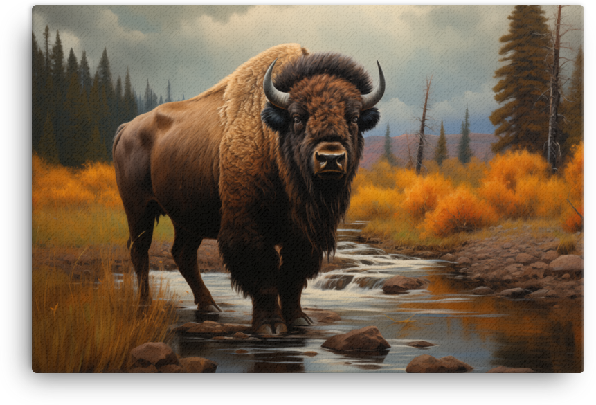 Mountain Stream Bison Canvas Wall Art