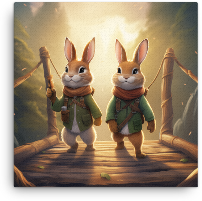 Adventurous Bunnies on Bridge Canvas