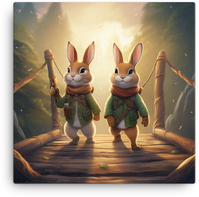Adventurous Bunnies on Bridge Canvas