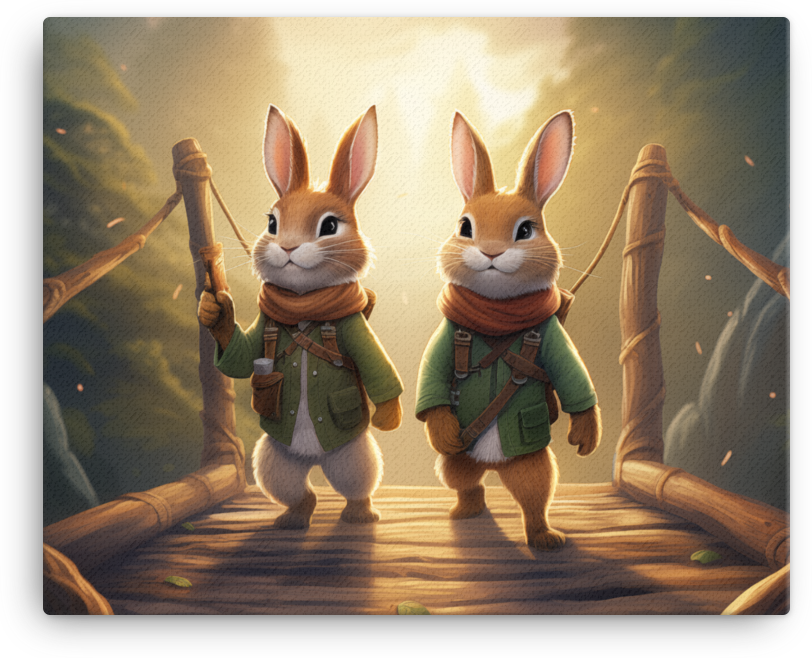 Adventurous Bunnies on Bridge Canvas