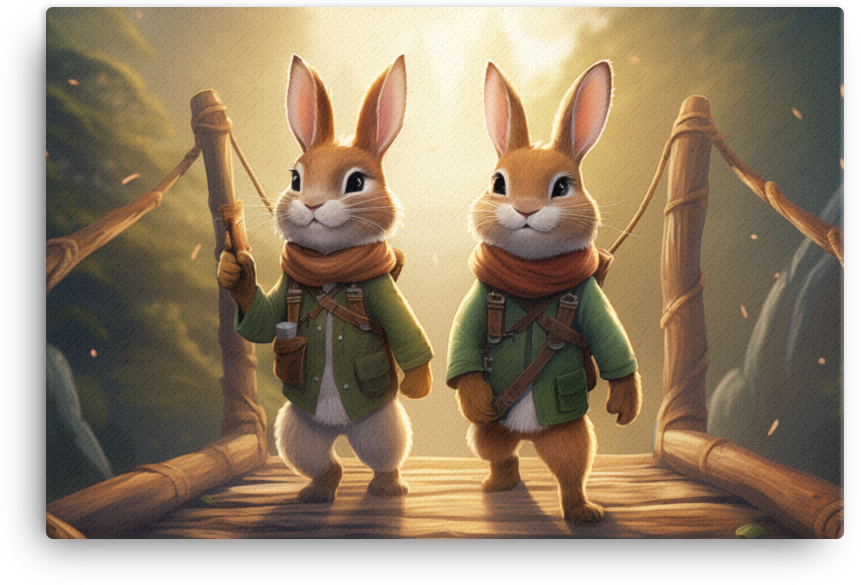 Adventurous Bunnies on Bridge Canvas