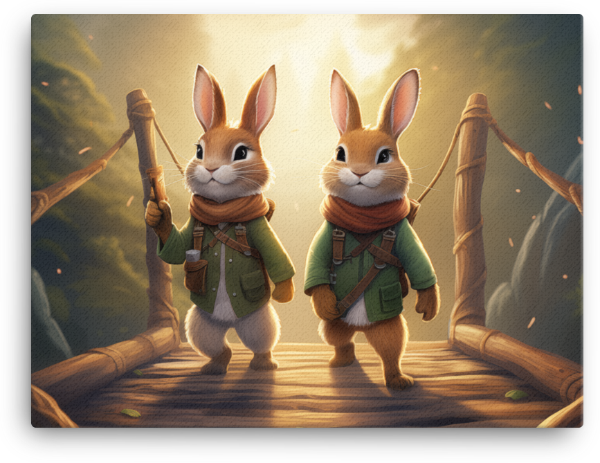 Adventurous Bunnies on Bridge Canvas