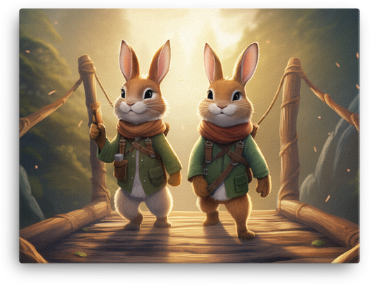 Adventurous Bunnies on Bridge Canvas