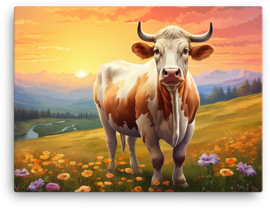 Alpine Dawn Cow Canvas Wall Art