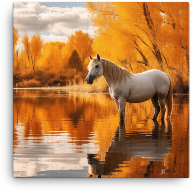Autumn Reflection White Horse Canvas Wall Art
