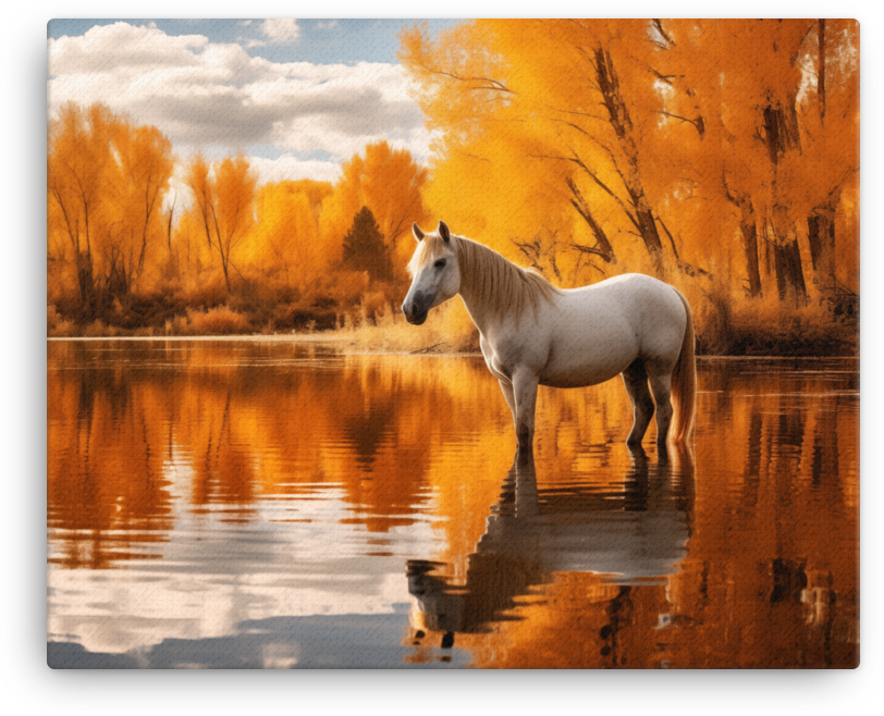 Autumn Reflection White Horse Canvas Wall Art