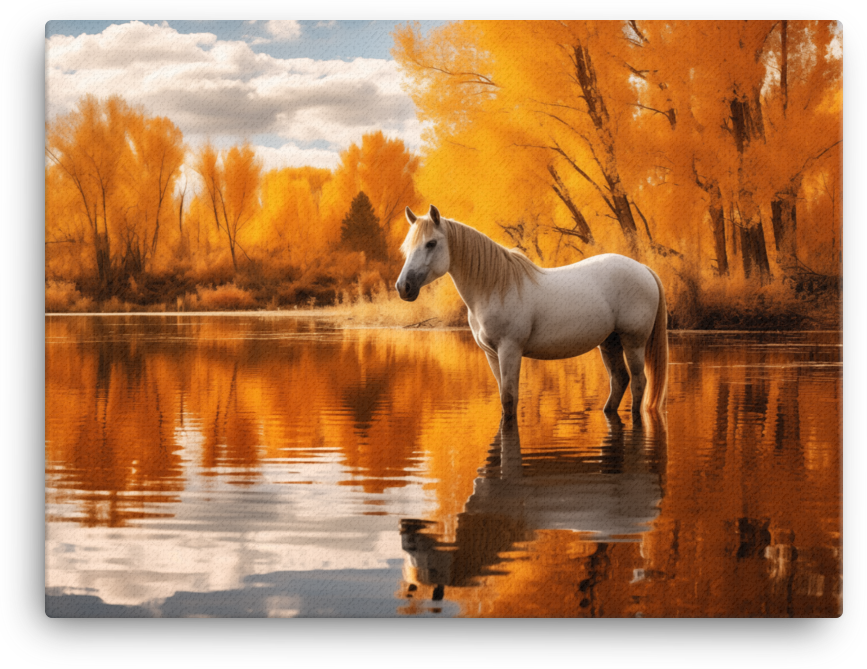 Autumn Reflection White Horse Canvas Wall Art