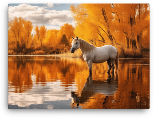 Autumn Reflection White Horse Canvas Wall Art