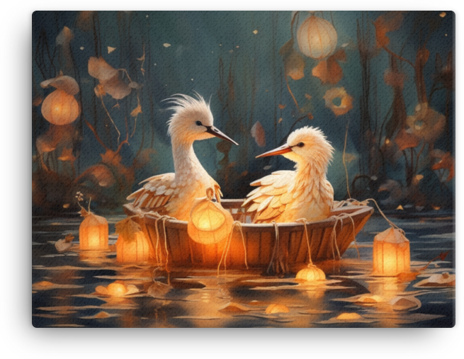 Birds on a Boat Amidst Glowing Lanterns Canvas