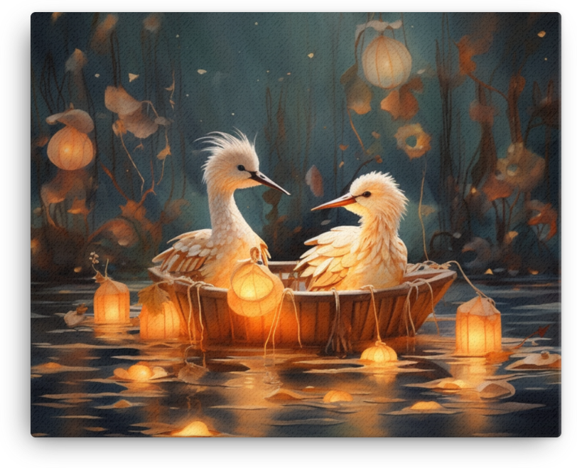 Birds on a Boat Amidst Glowing Lanterns Canvas
