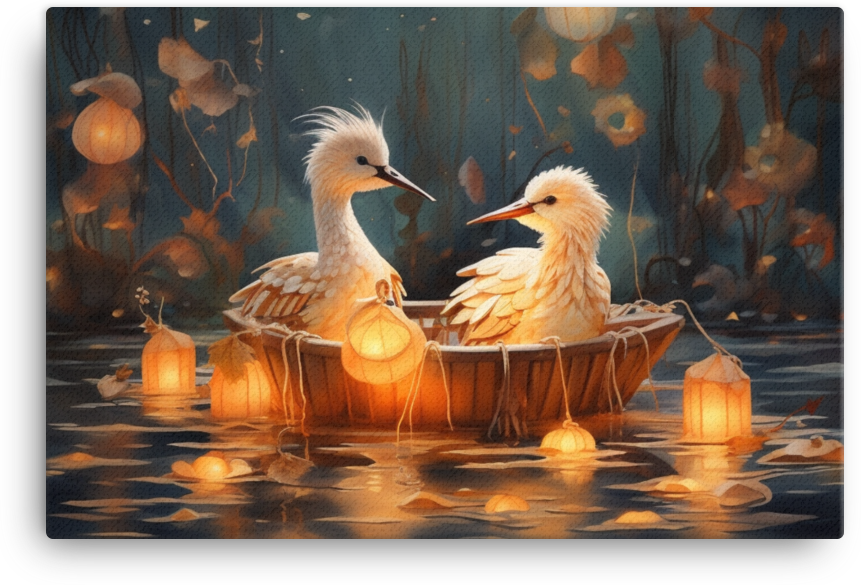 Birds on a Boat Amidst Glowing Lanterns Canvas