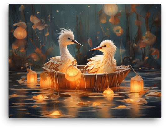 Birds on a Boat Amidst Glowing Lanterns Canvas