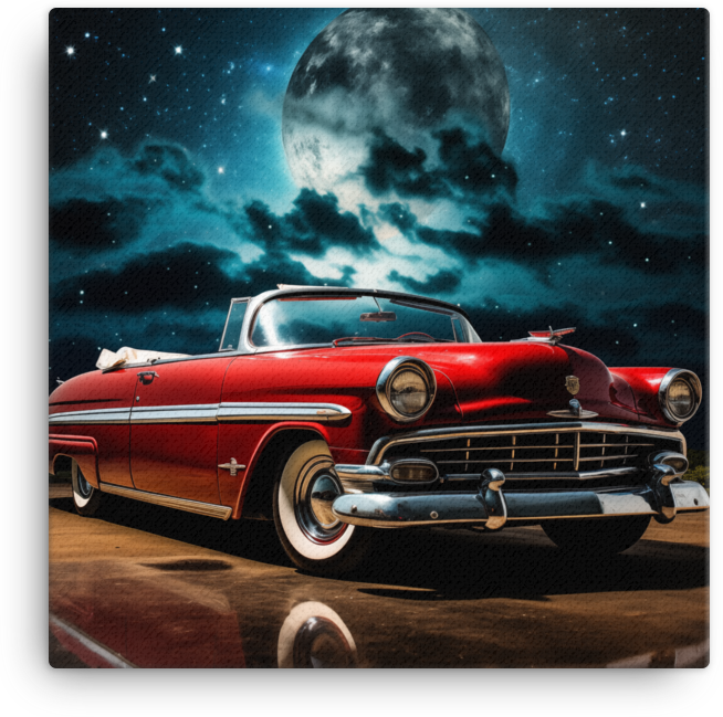 Classic Car Under a Full Moon Night Sky Canvas