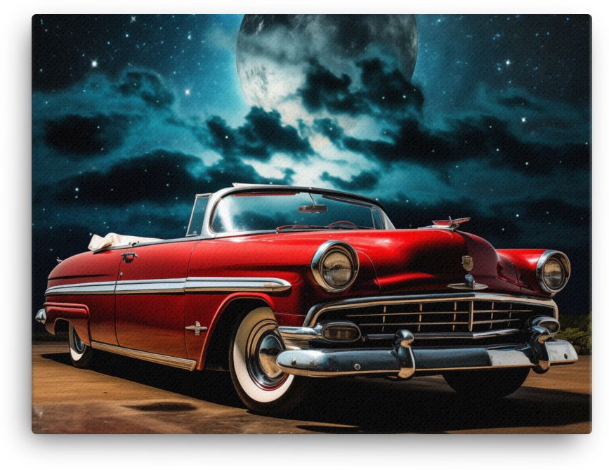 Classic Car Under a Full Moon Night Sky Canvas