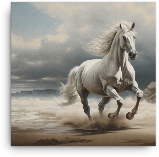 Coastal Gallop White Horse on the Beach Canvas Wall Art