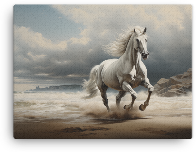 Coastal Gallop White Horse on the Beach Canvas Wall Art