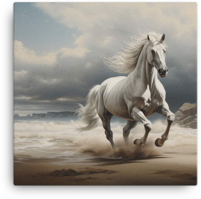 Coastal Gallop White Horse on the Beach Canvas Wall Art