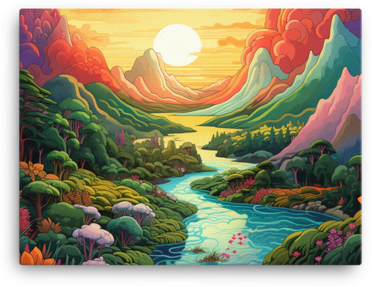 Colorful Sunset Over a Cool River Valley Canvas