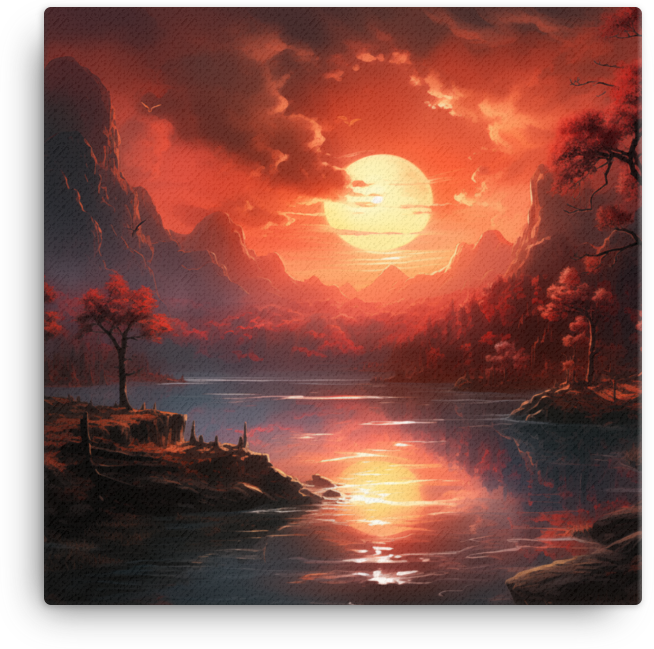 Crimson Sunset Over Mountain Lake Canvas