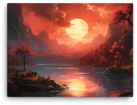 Crimson Sunset Over Mountain Lake Canvas