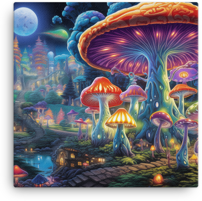 Enchanted Moonlit Mushroom Village Canvas