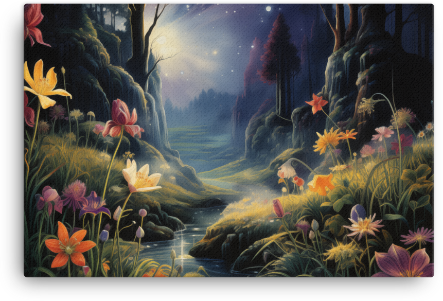 Enchanted Nighttime Wildflower Meadow Canvas