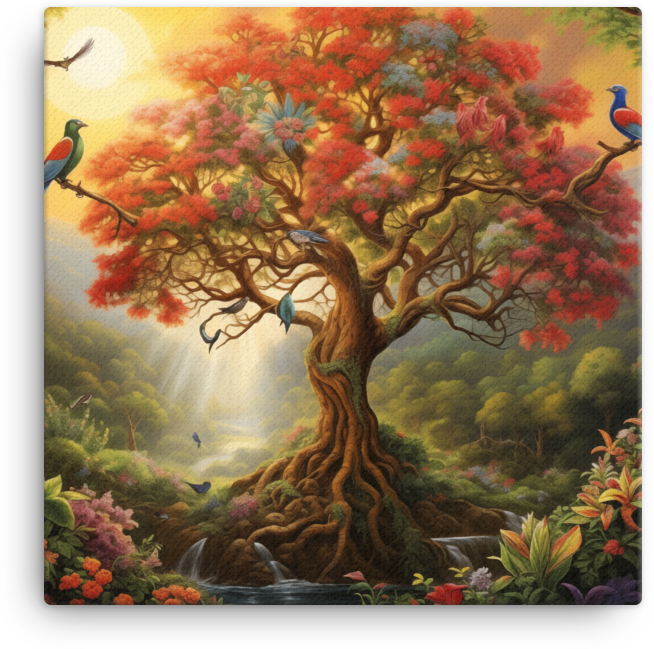 Enchanted Paradise with Blooming Tree Canvas wall art