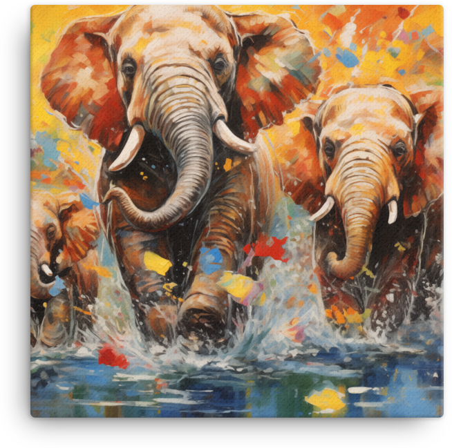 Family of Elephants Crossing Water Canvas Wall Art
