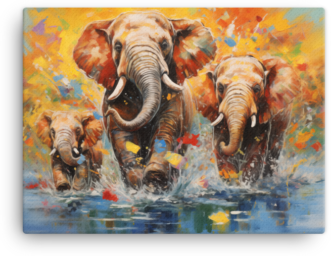 Family of Elephants Crossing Water Canvas Wall Art