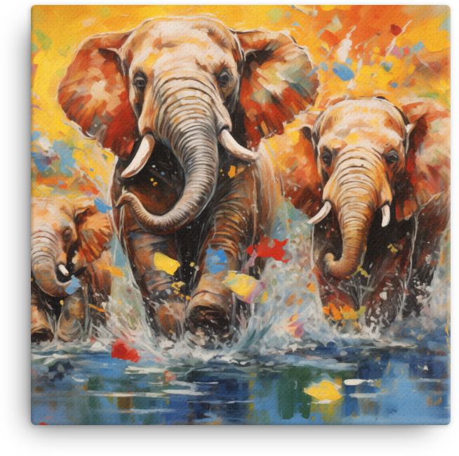 Family of Elephants Crossing Water Canvas Wall Art
