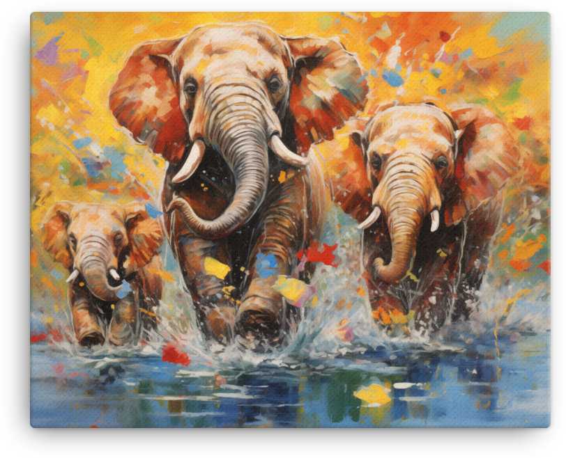 Family of Elephants Crossing Water Canvas Wall Art