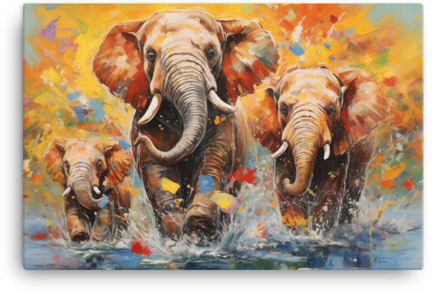 Family of Elephants Crossing Water Canvas Wall Art