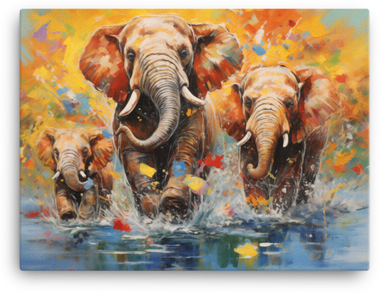 Family of Elephants Crossing Water Canvas Wall Art