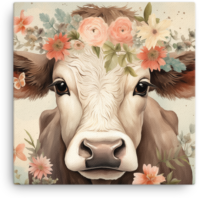 Floral Crown Cow Canvas Wall Art