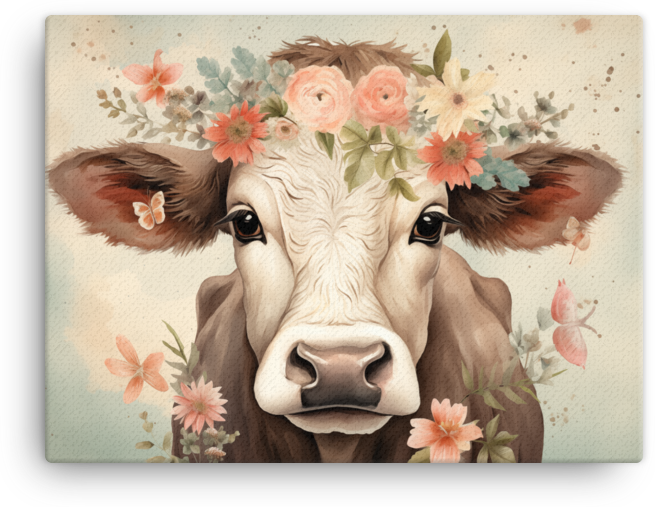 Floral Crown Cow Canvas Wall Art