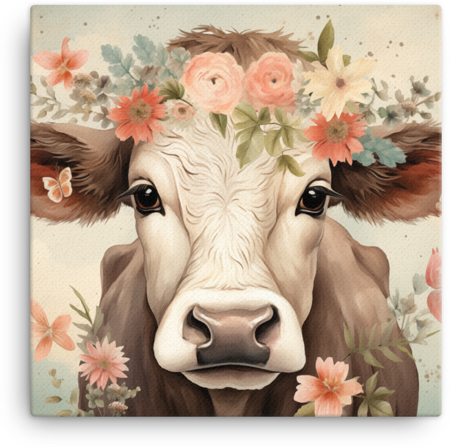 Floral Crown Cow Canvas Wall Art