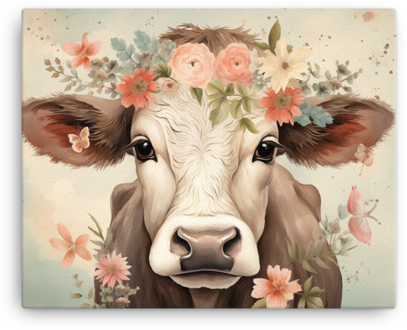 Floral Crown Cow Canvas Wall Art