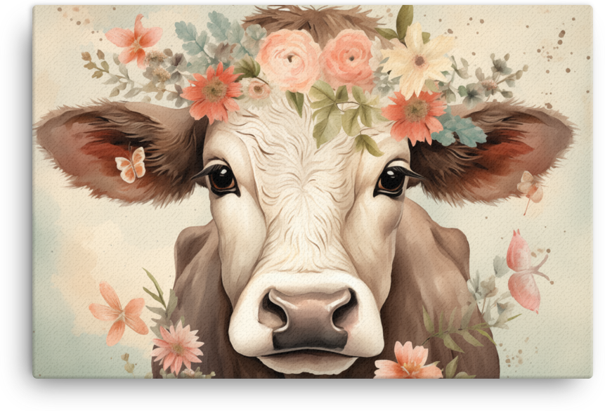 Floral Crown Cow Canvas Wall Art