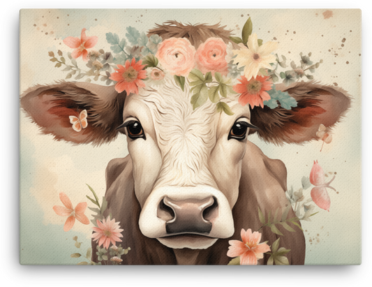 Floral Crown Cow Canvas Wall Art