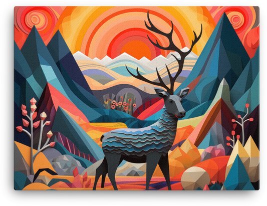 Geometric Sunrise with Majestic Deer Canvas
